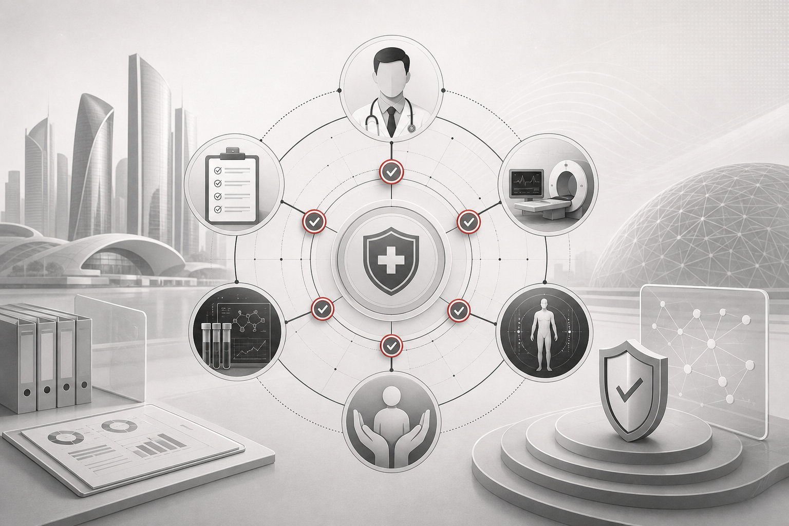 Black-and-white editorial illustration of Abu Dhabi longevity-clinic regulation, with physician oversight, diagnostics, outcomes tracking, and patient-safety pathways connected by muted red compliance nodes.