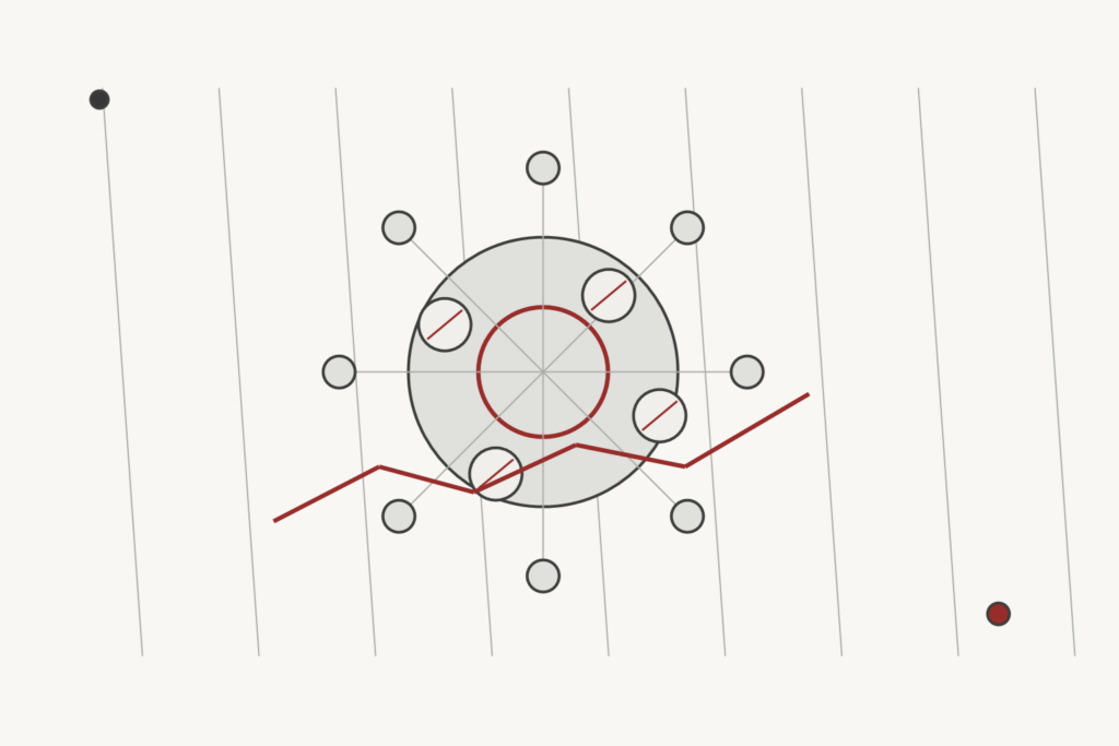 Longevity Next editorial illustration for autophagy as a drug target, using a distinct grayscale scientific motif with muted red validation accents.