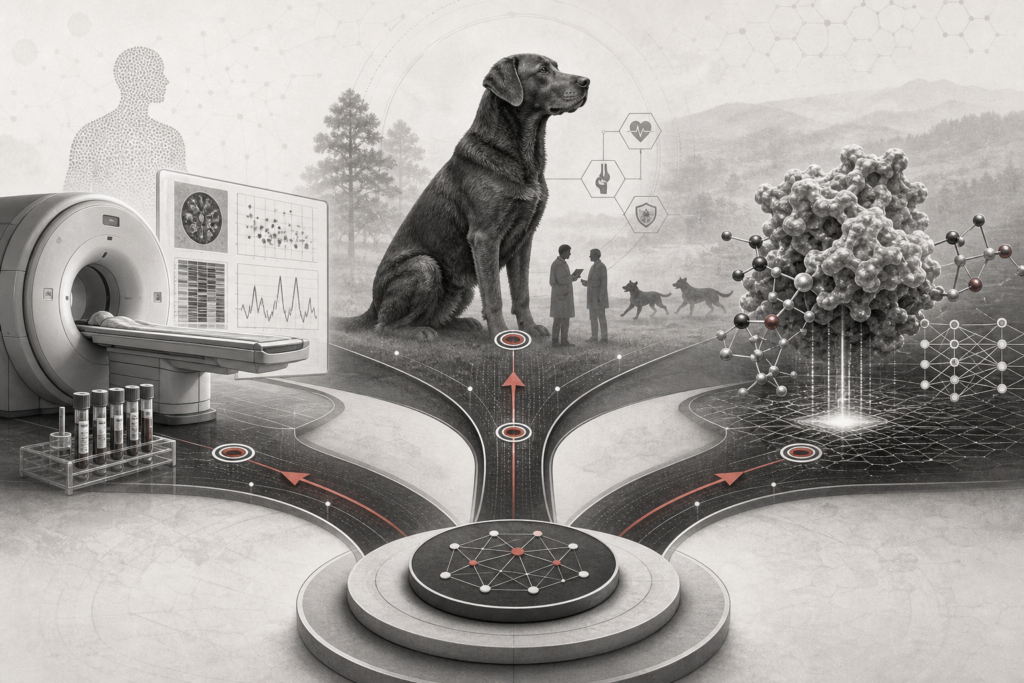 Black-and-white editorial illustration of longevity deal flow across diagnostics, canine lifespan medicine, and AI-enabled drug discovery, linked by muted red validation nodes.