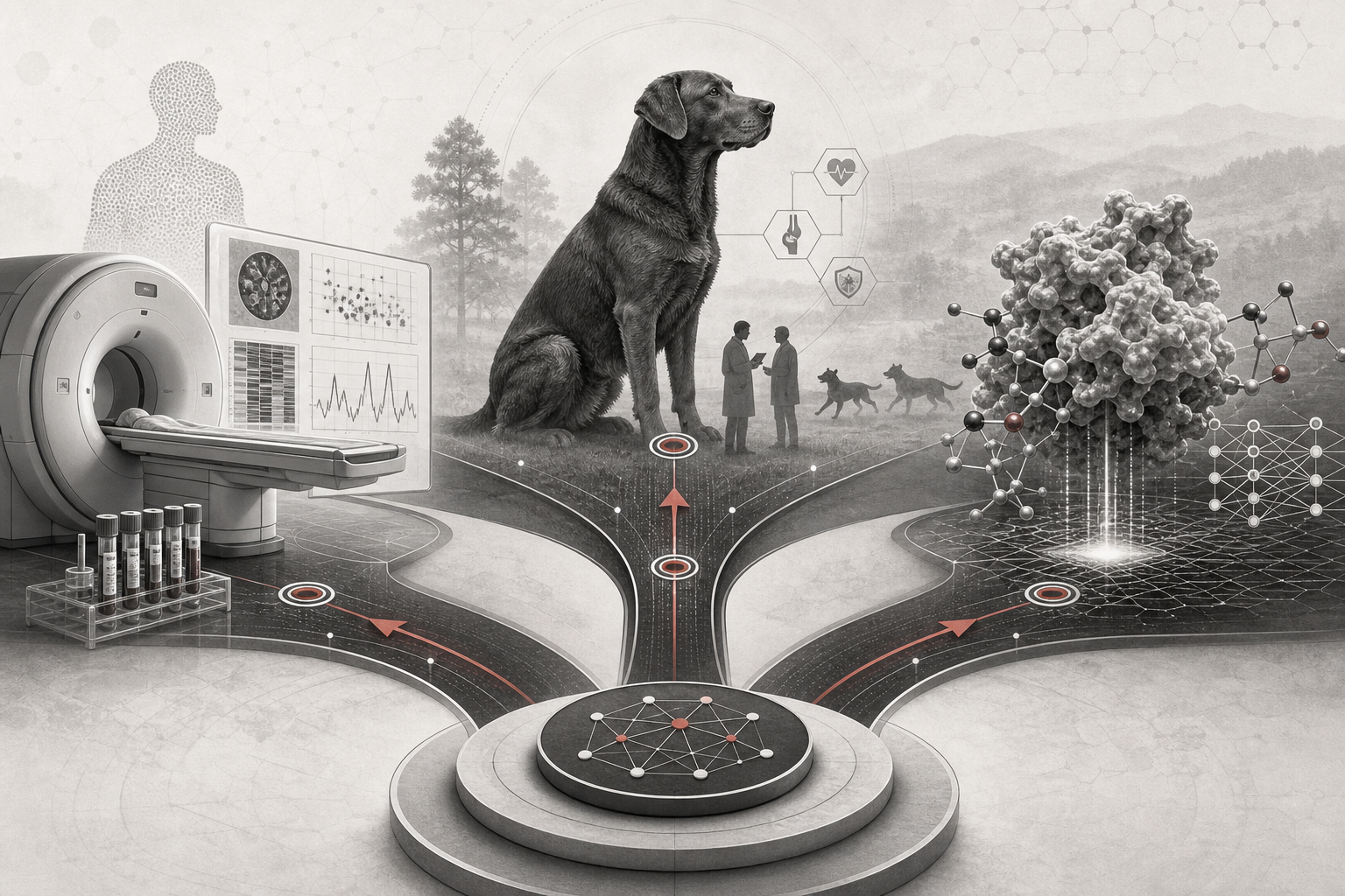 Black-and-white editorial illustration of longevity deal flow across diagnostics, canine lifespan medicine, and AI-enabled drug discovery, linked by muted red validation nodes.
