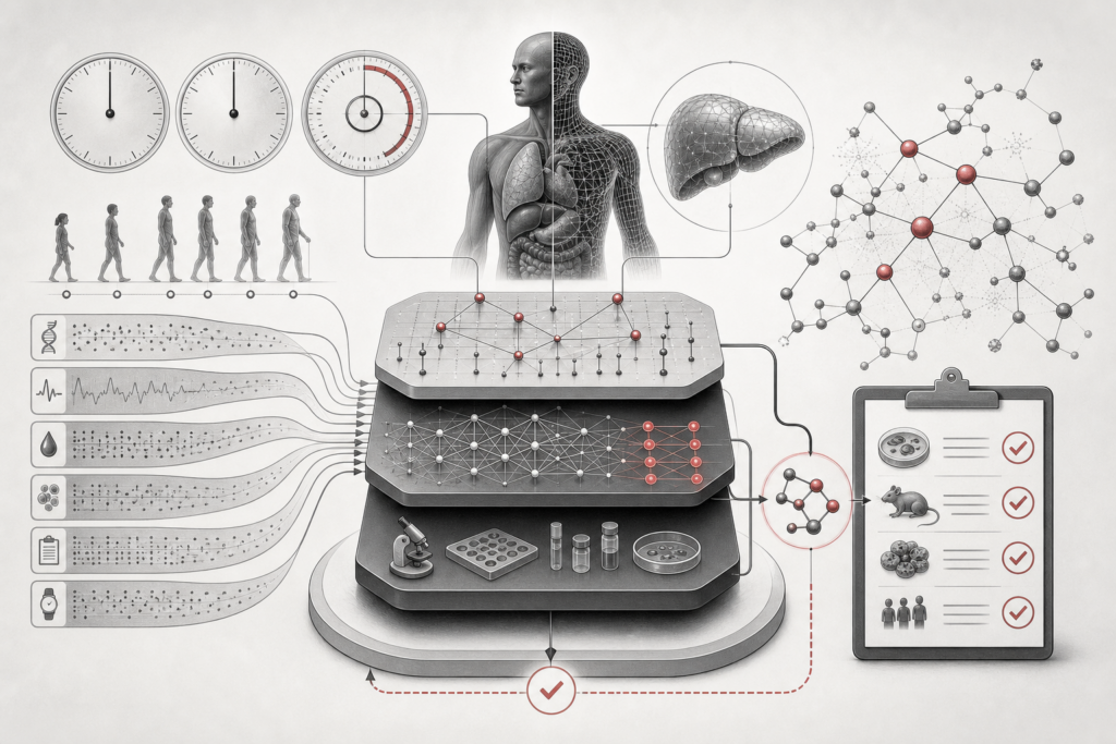 Black-and-white editorial illustration of digital twins, aging clocks, and AI drug discovery claims moving from data inputs to muted red validation checkpoints.