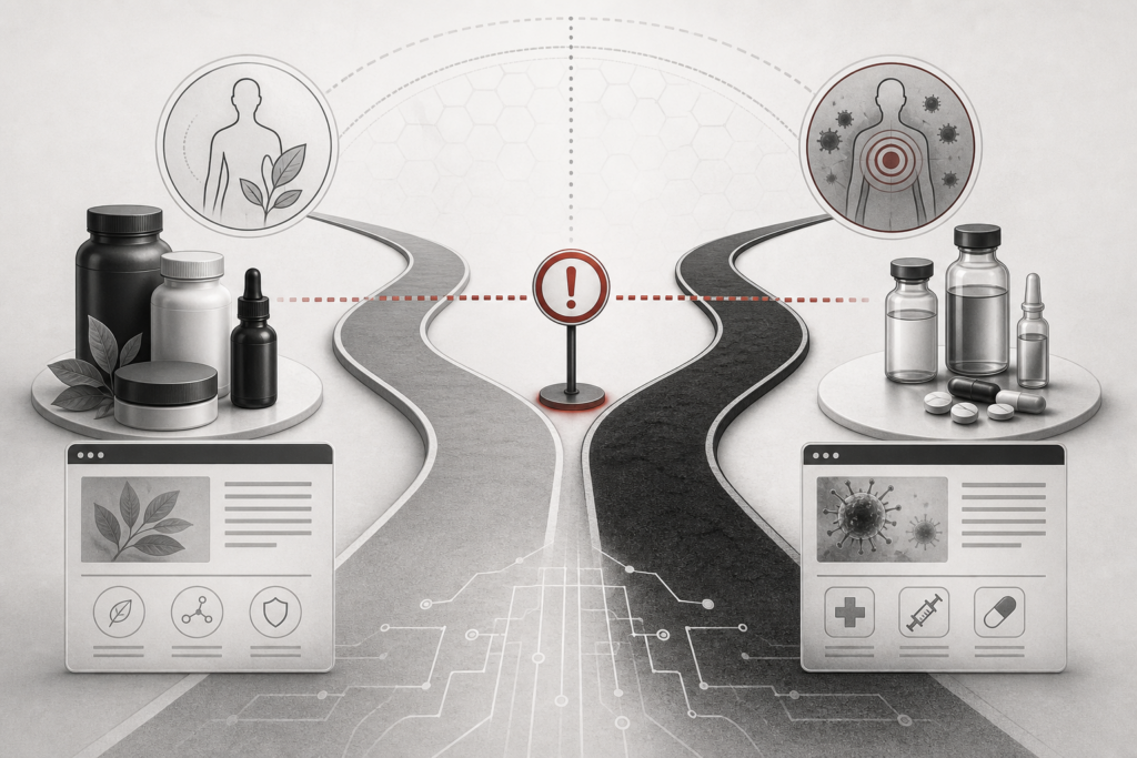 Black-and-white editorial illustration of longevity compliance boundaries, with wellness-support claims and disease-treatment claims separated by muted red regulatory checkpoints.