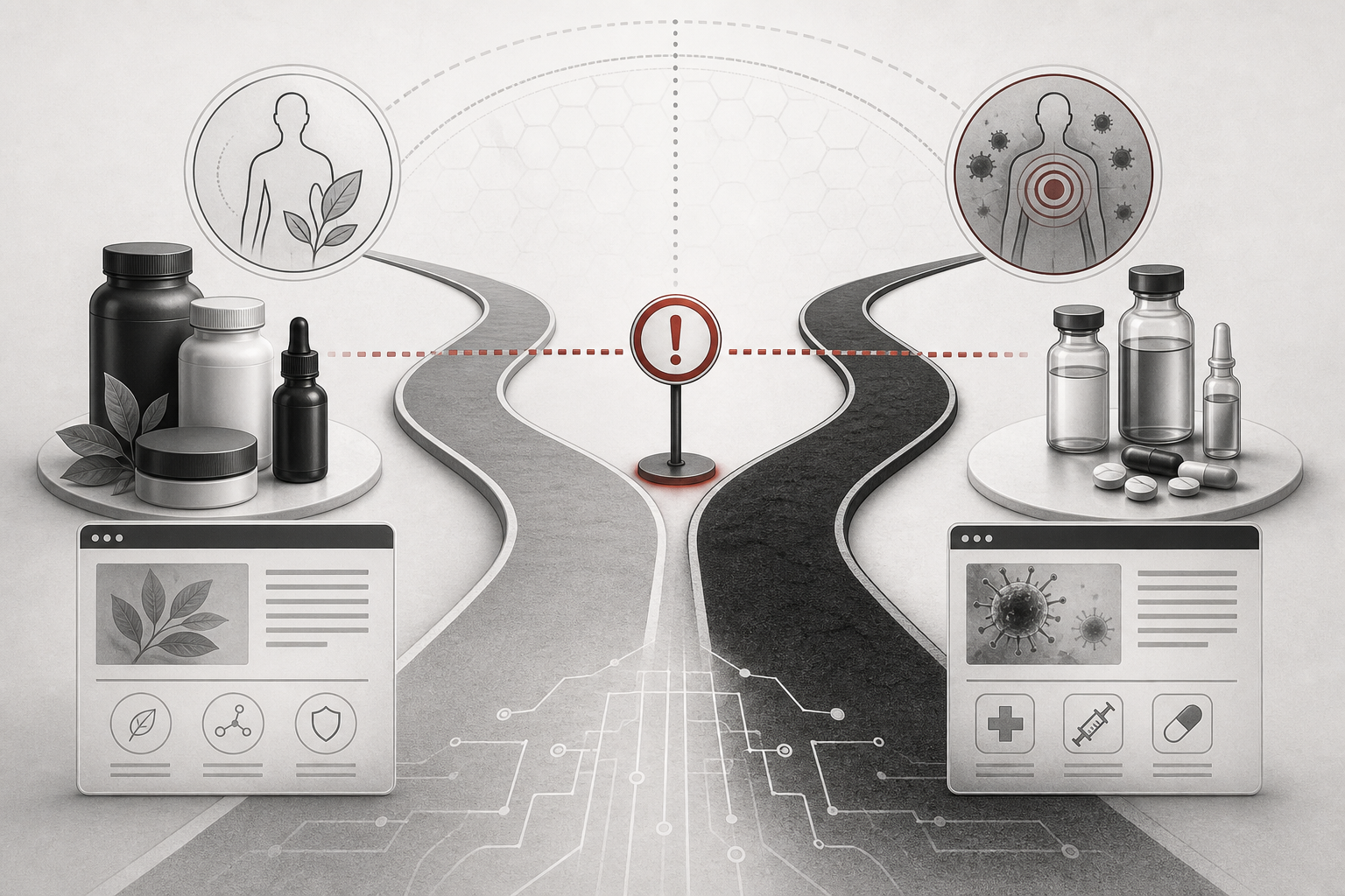 Black-and-white editorial illustration of longevity compliance boundaries, with wellness-support claims and disease-treatment claims separated by muted red regulatory checkpoints.
