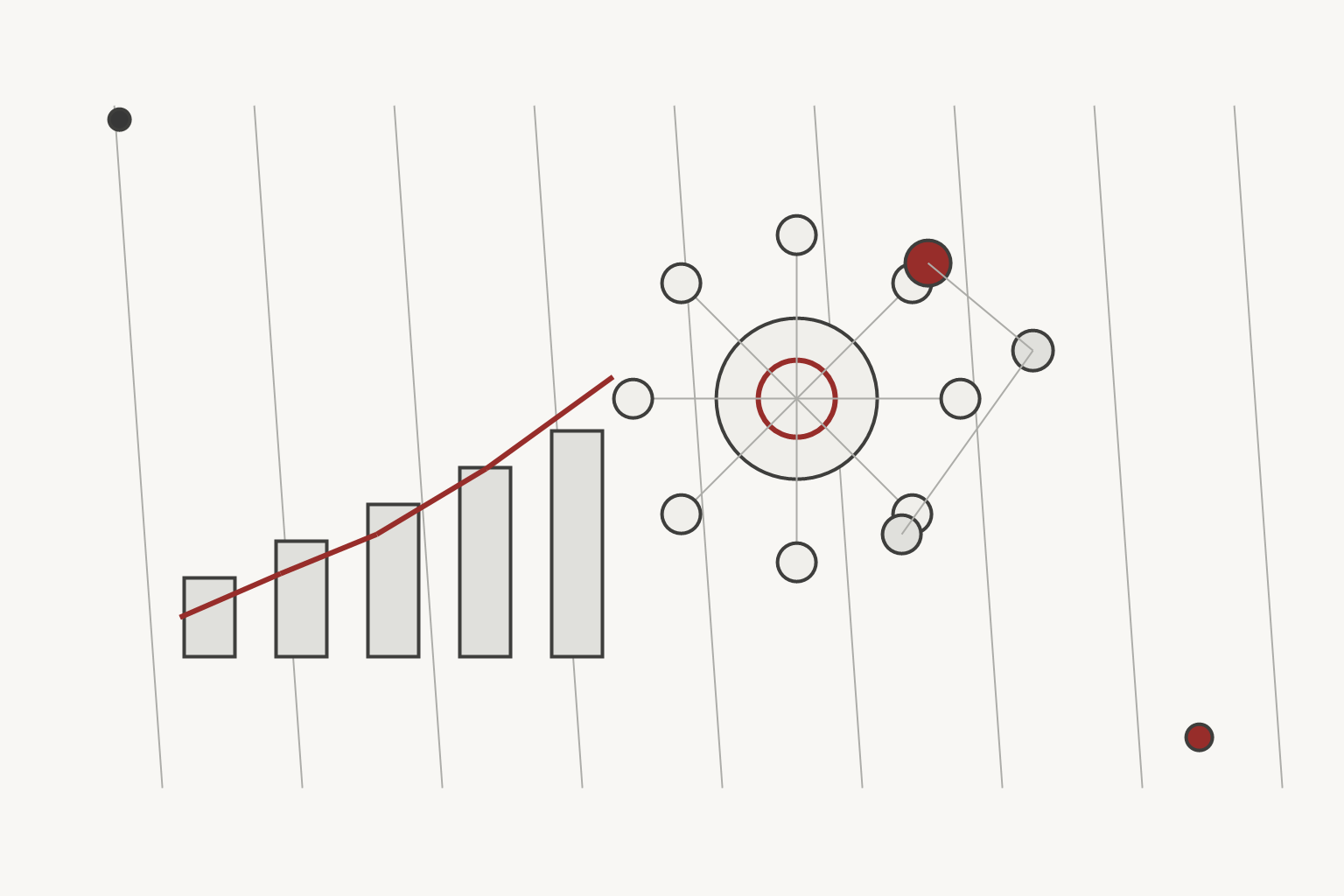 Longevity Next editorial illustration for NewLimit and reprogramming capital, using a distinct grayscale scientific motif with muted red validation accents.