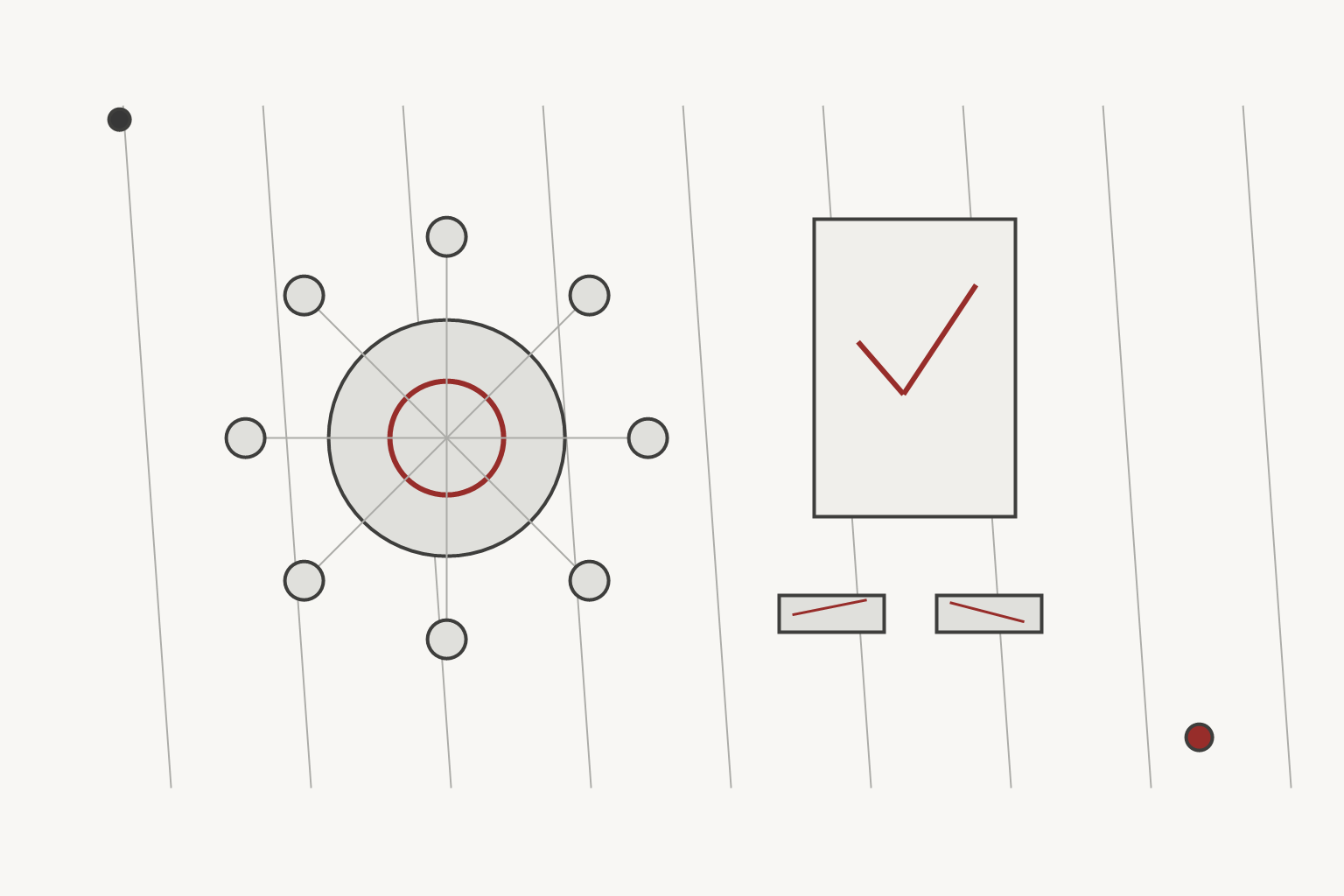 Longevity Next editorial illustration for partial reprogramming safety, using a distinct grayscale scientific motif with muted red validation accents.