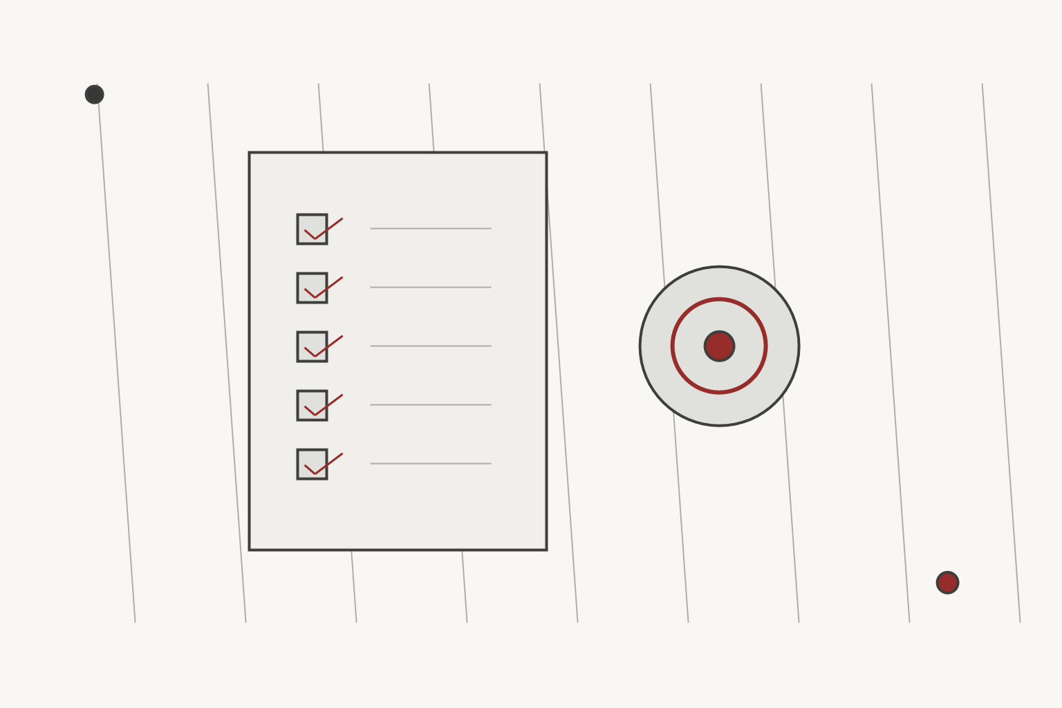 Longevity Next editorial illustration for aging indication requirements, using a distinct grayscale scientific motif with muted red validation accents.
